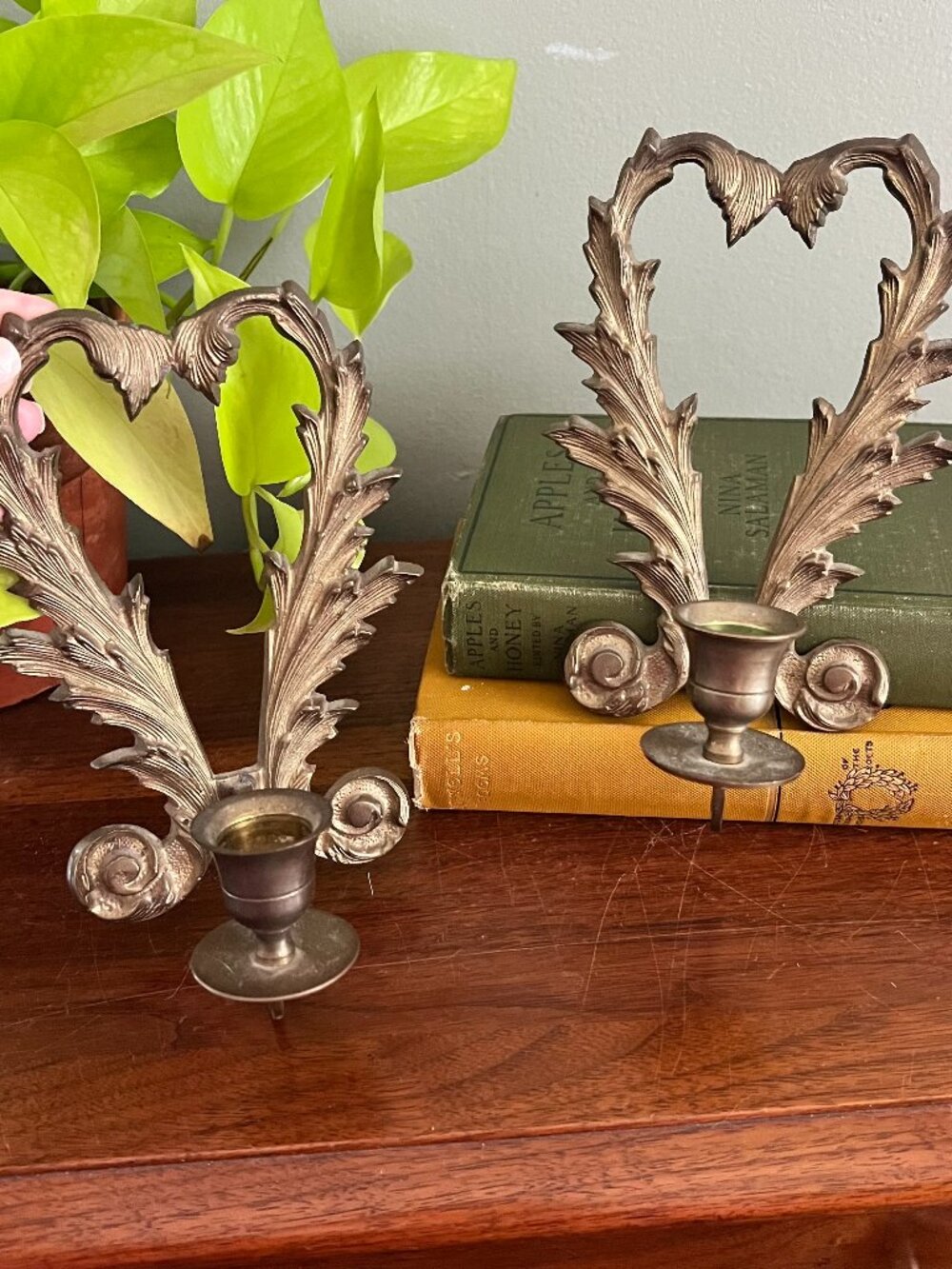 Vintage Brass Wall Candle Sconces Pair Thistle Leaf Art Nouveau Style 7.5"
